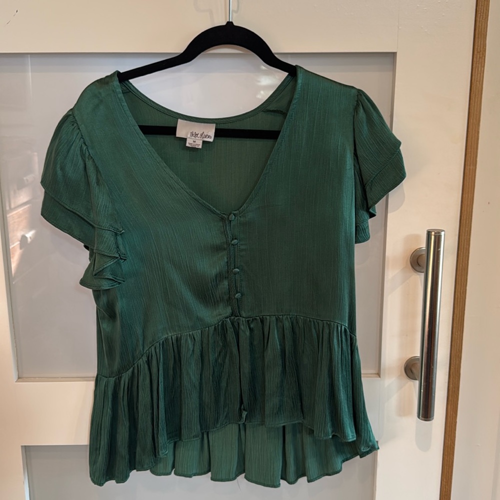 Anthropologie - Chloe Oliver Satin Ruffle Sleeve Peplum Blouse - Size M
